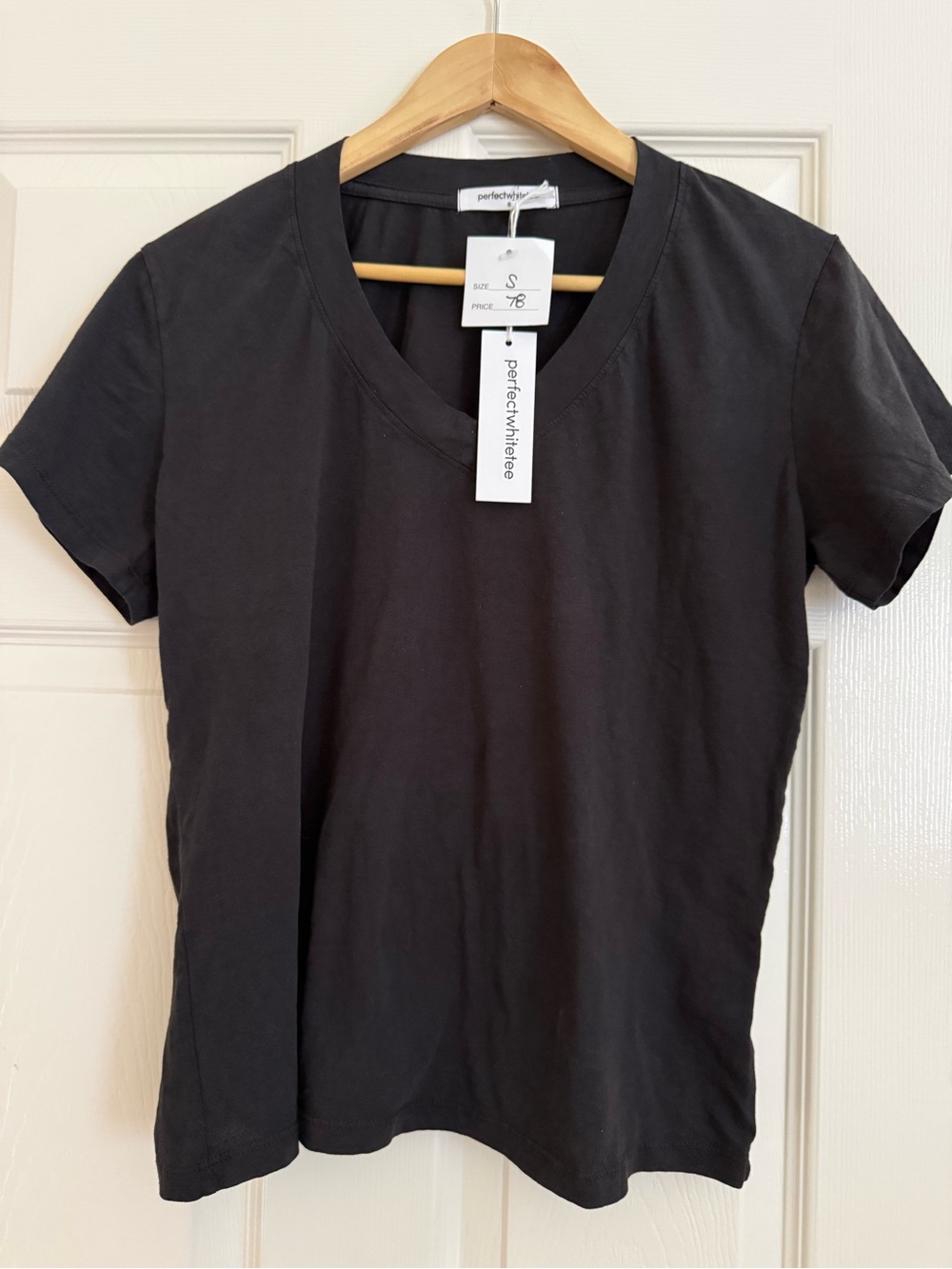 Perfect White Tee. Women's charcoal V-Neck Short Sleeve Tee